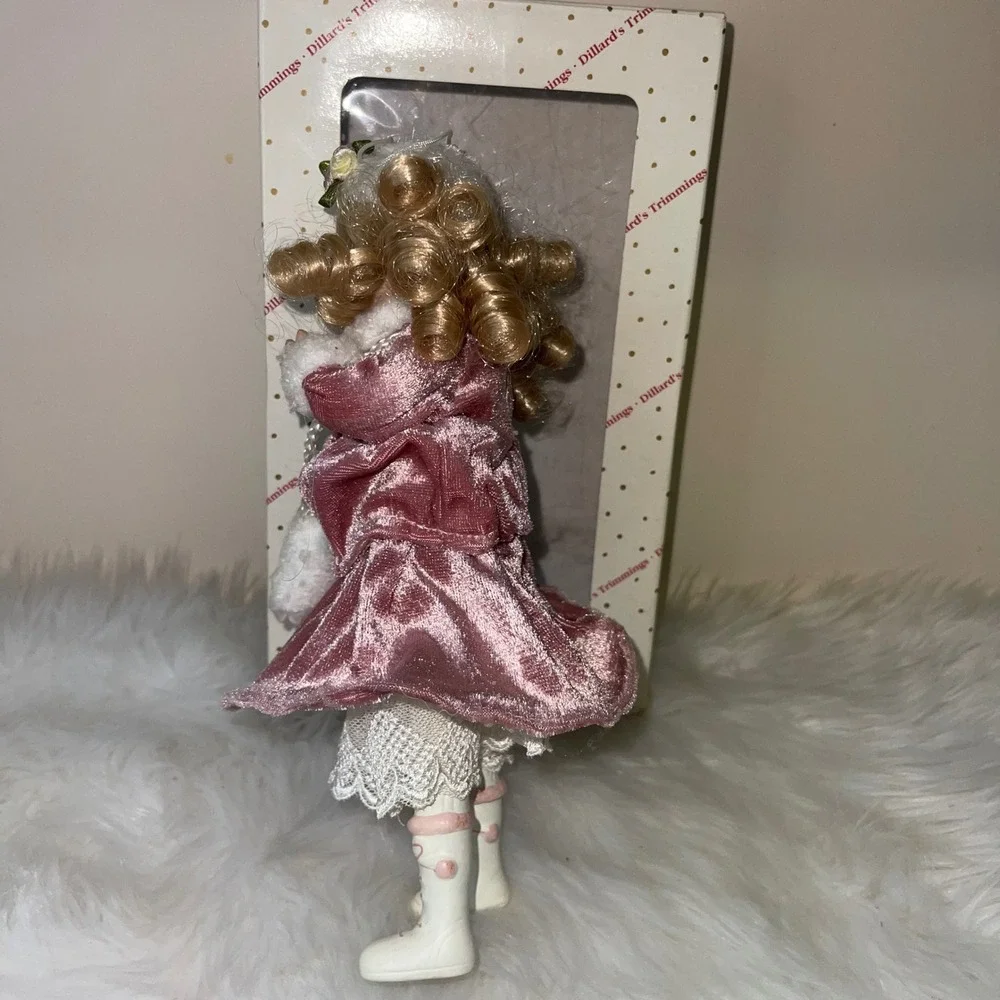 Vintage Dillard's Trimmings Winter Girl Ornament Pink‎ Velvet Coat w/ Box